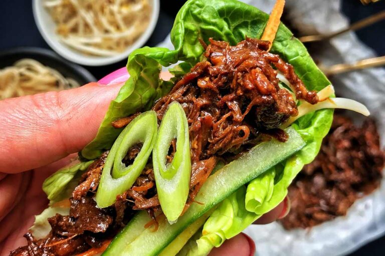 Slowcooker Chinese pulled pork with little gem wraps The Slimming Foodie
