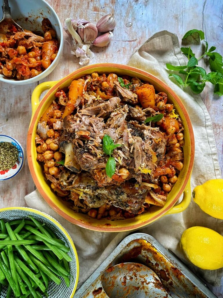 Slowroast Greekstyle Welsh Lamb leg with chickpeas and tomatoes The
