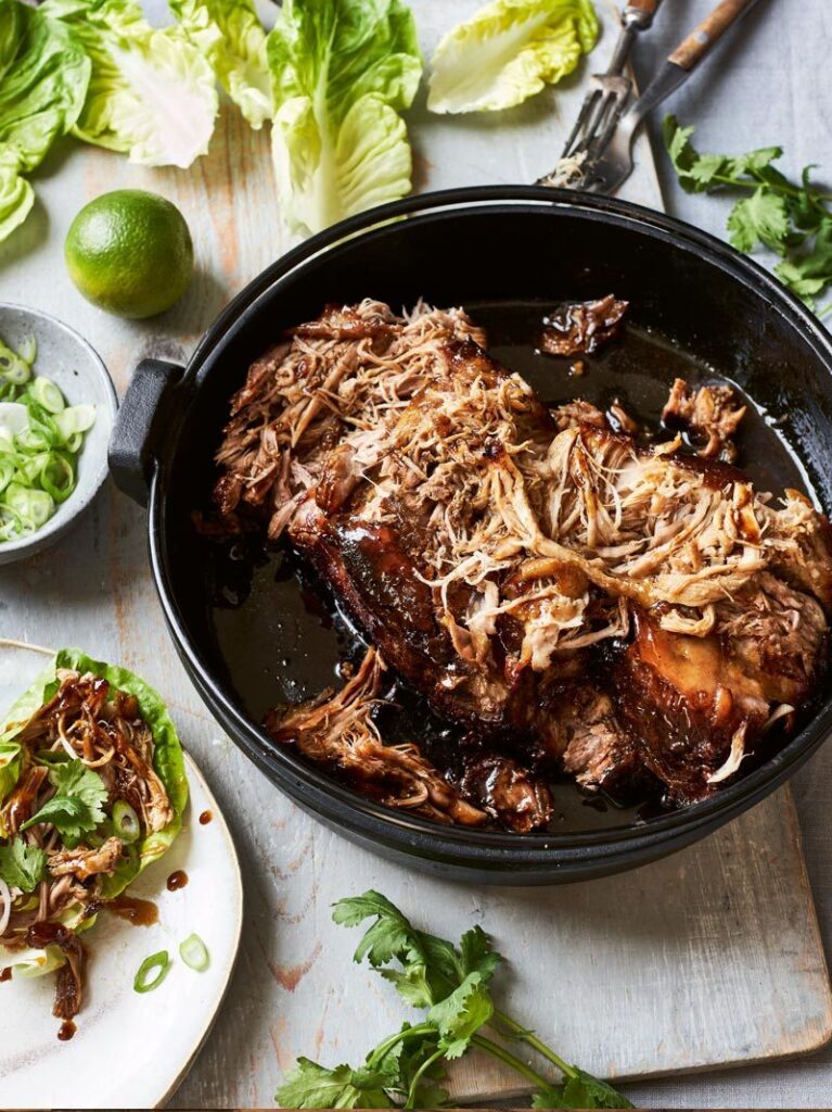 Slowcooker Chinese pulled pork with little gem wraps The Slimming Foodie