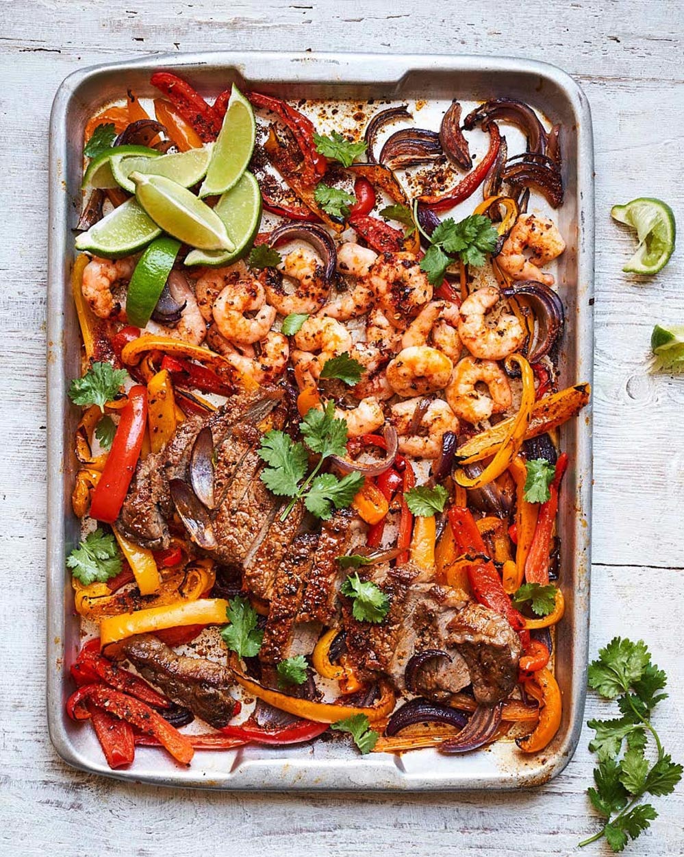 Surf and turf fajita tray bake
